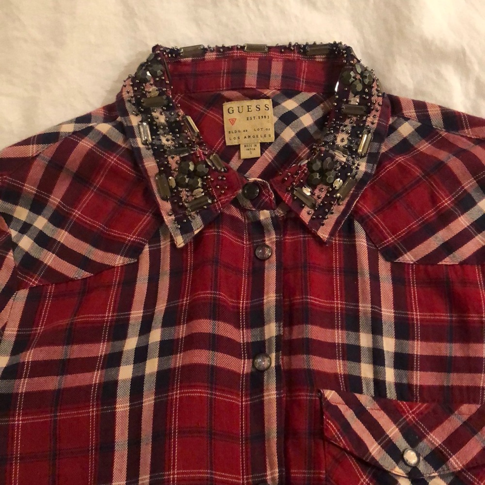 GUESS Embellished Collar Plaid Shirt